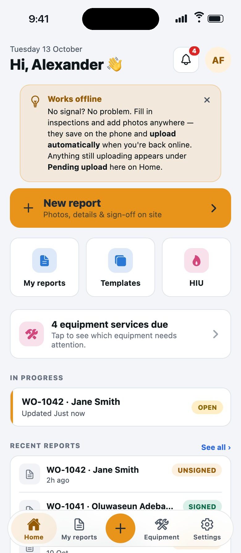 An engineer’s home screen on iPhone: New report, My reports, Templates and the jobs in progress. No invoices or company figures.