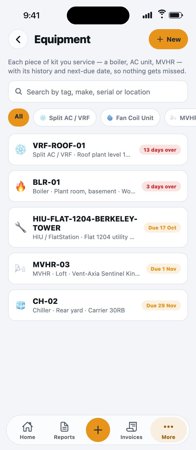 The Equipment register on iPhone: each unit with its location and next due date, two of them overdue.