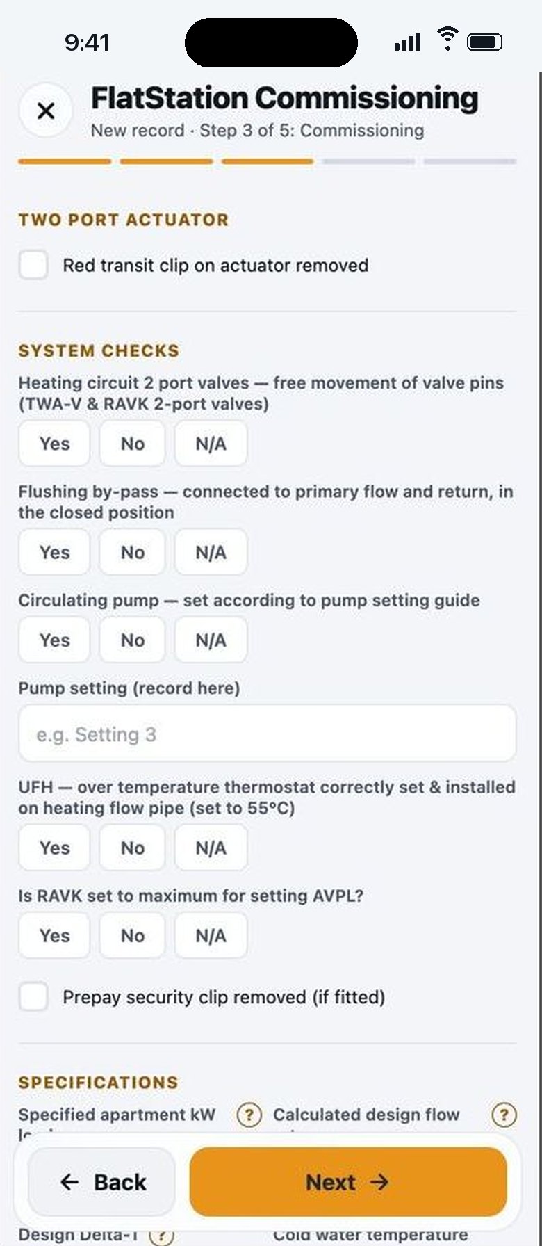 A commissioning form on iPhone: yes, no and not applicable checks, a pump setting field, and Back and Next buttons.