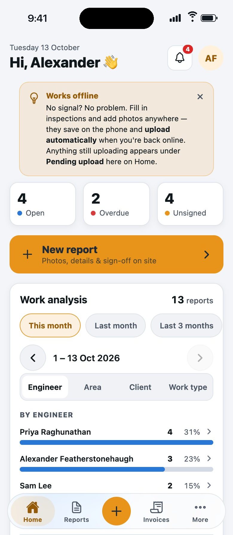 The Maintivo home screen on iPhone: open, overdue and unsigned reports, a New report button and Work analysis by engineer.