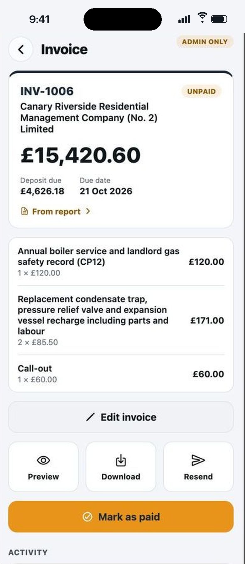 An invoice on iPhone made from a report: line items, total, deposit due, and Preview, Download, Resend and Mark as paid buttons.