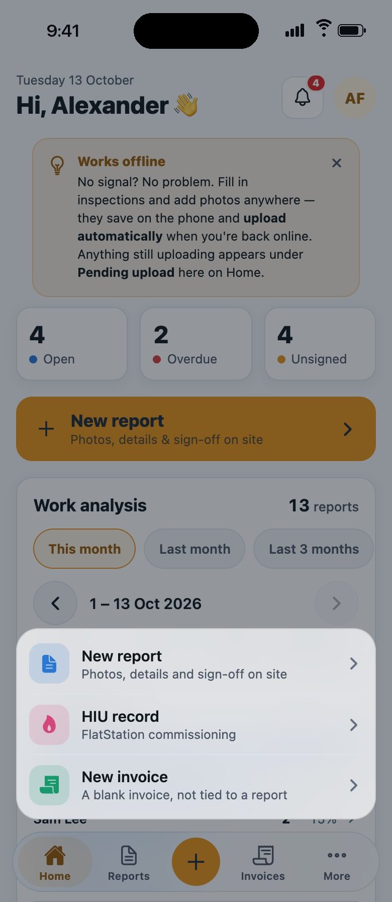 The plus menu on iPhone: New report, HIU record and New invoice.