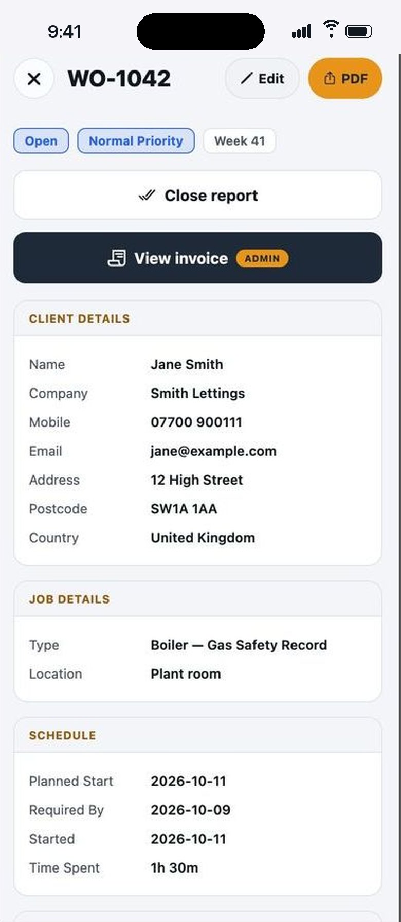 A finished report on iPhone: client details, job details and schedule, with Edit, PDF and View invoice buttons.