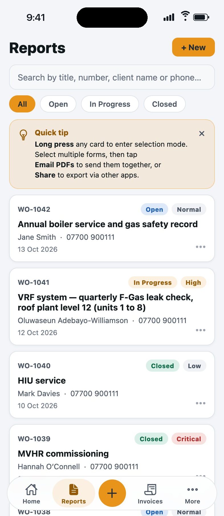 The Reports list on iPhone with search and filters. Each card shows the job, the customer and the date.