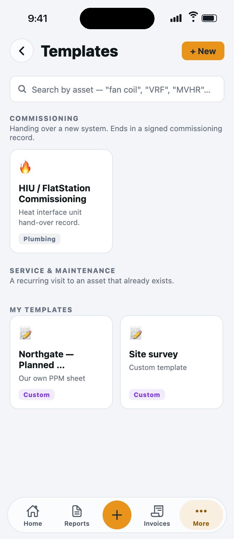 The Templates screen on iPhone: HIU commissioning, service forms and the firm’s own templates.