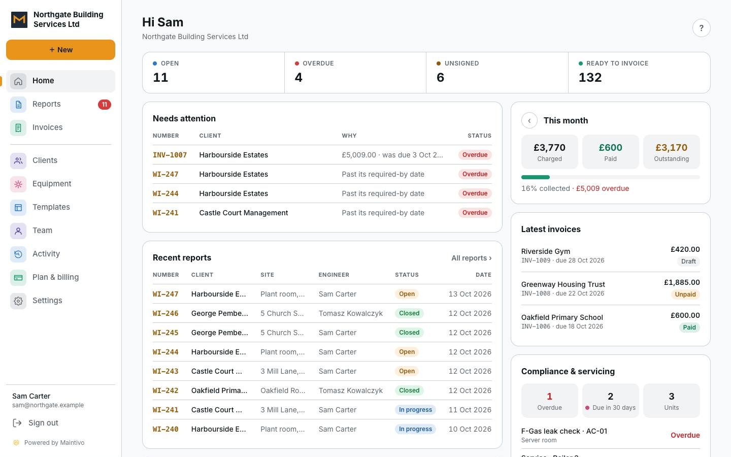 The Maintivo web app on a computer: open, overdue and unsigned counts, a needs attention list and recent reports by engineer.