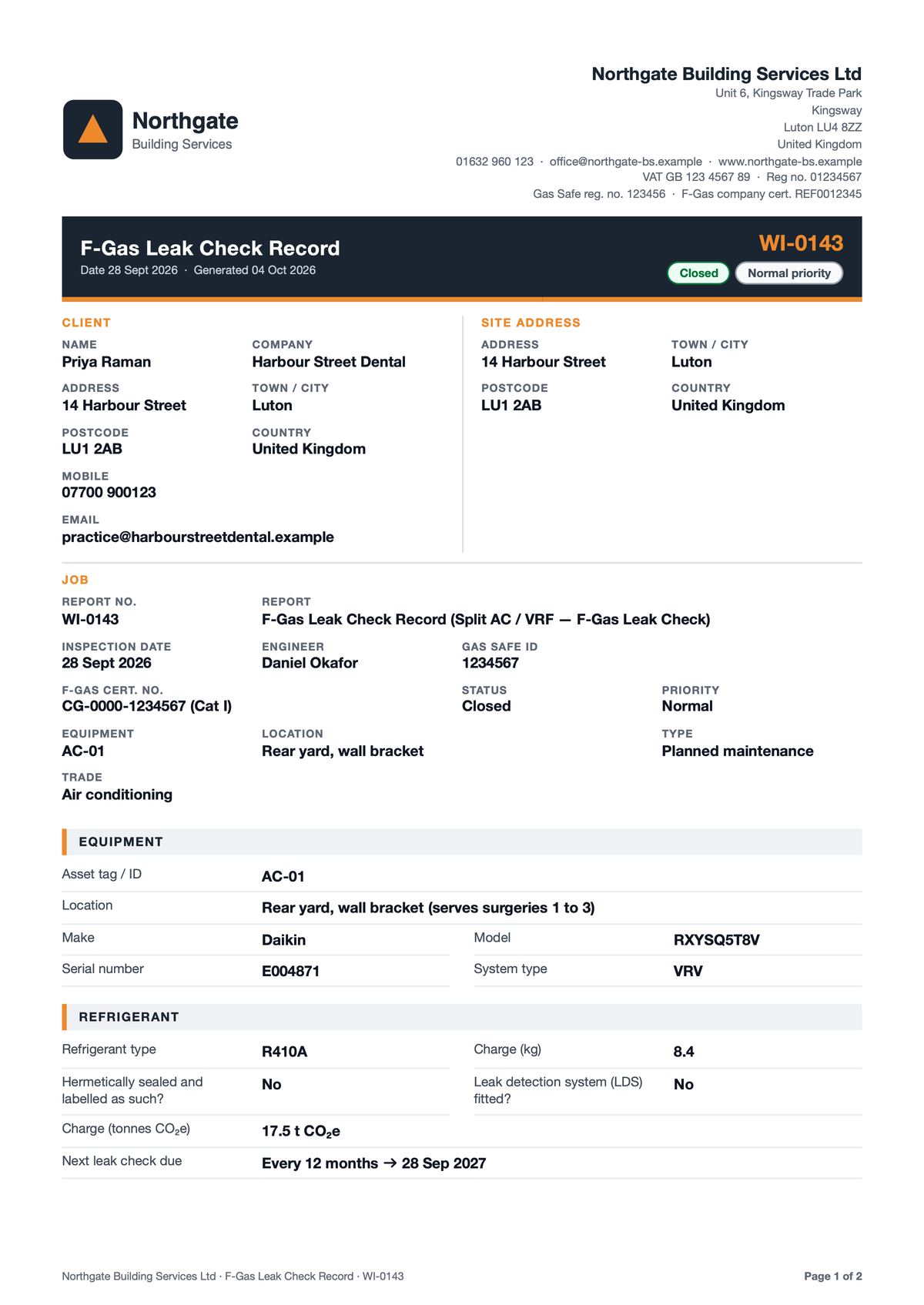 Page 1 of a sample Maintivo report: company logo and details, customer and site, job details, equipment and readings. Fictional customer and data.