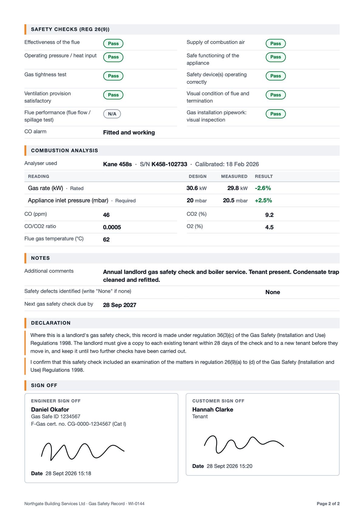Page 2 of a sample Maintivo Gas Safety Record: the regulation 26(9) safety checks marked pass, combustion analysis readings, the declaration and both signatures.