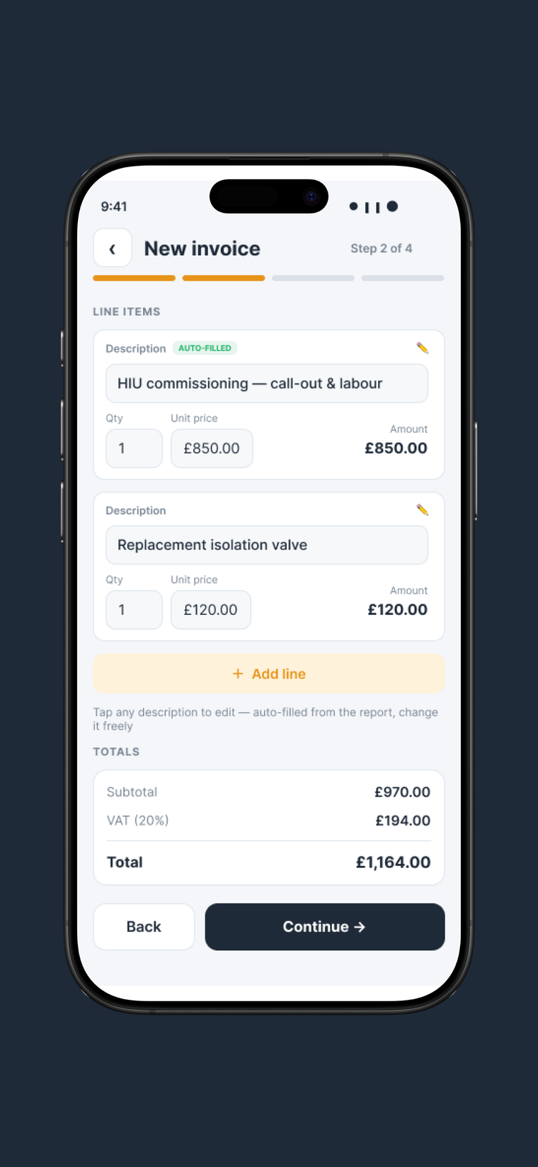 Maintivo new invoice, line items auto-filled from the report with VAT and totals