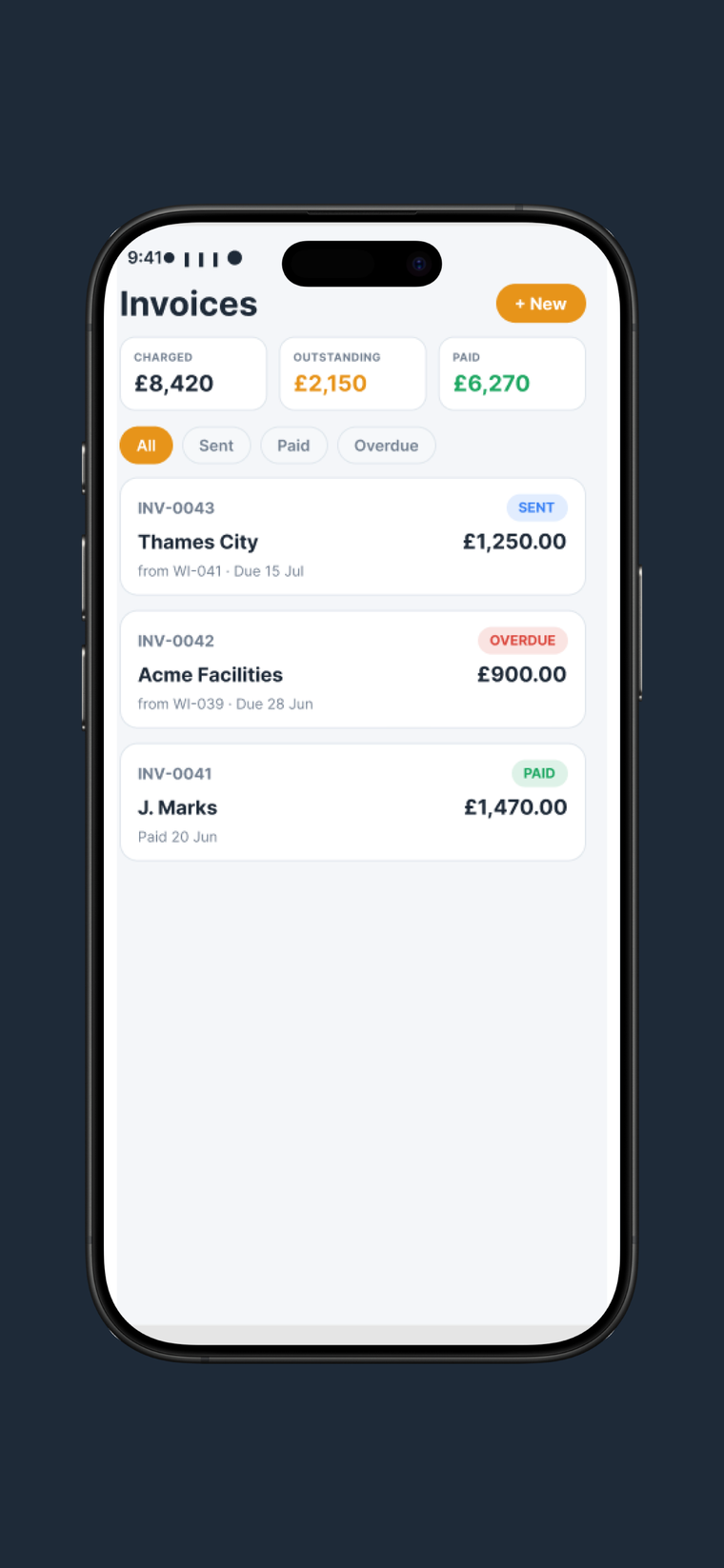 Maintivo invoices list, charged, outstanding and paid with sent, paid and overdue statuses
