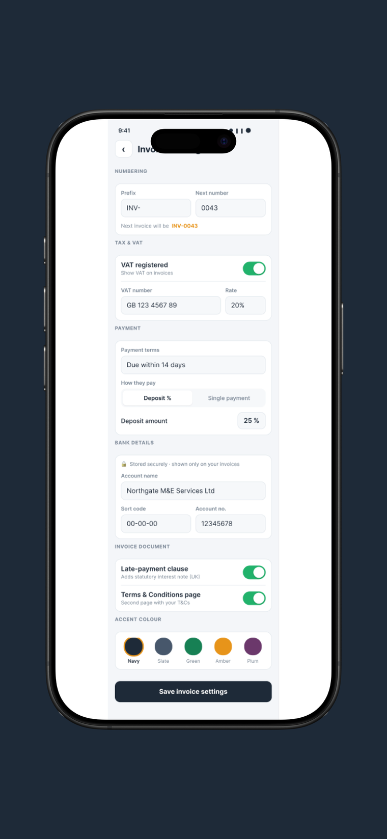 Maintivo invoice settings, numbering, VAT, payment terms, bank details and accent colour