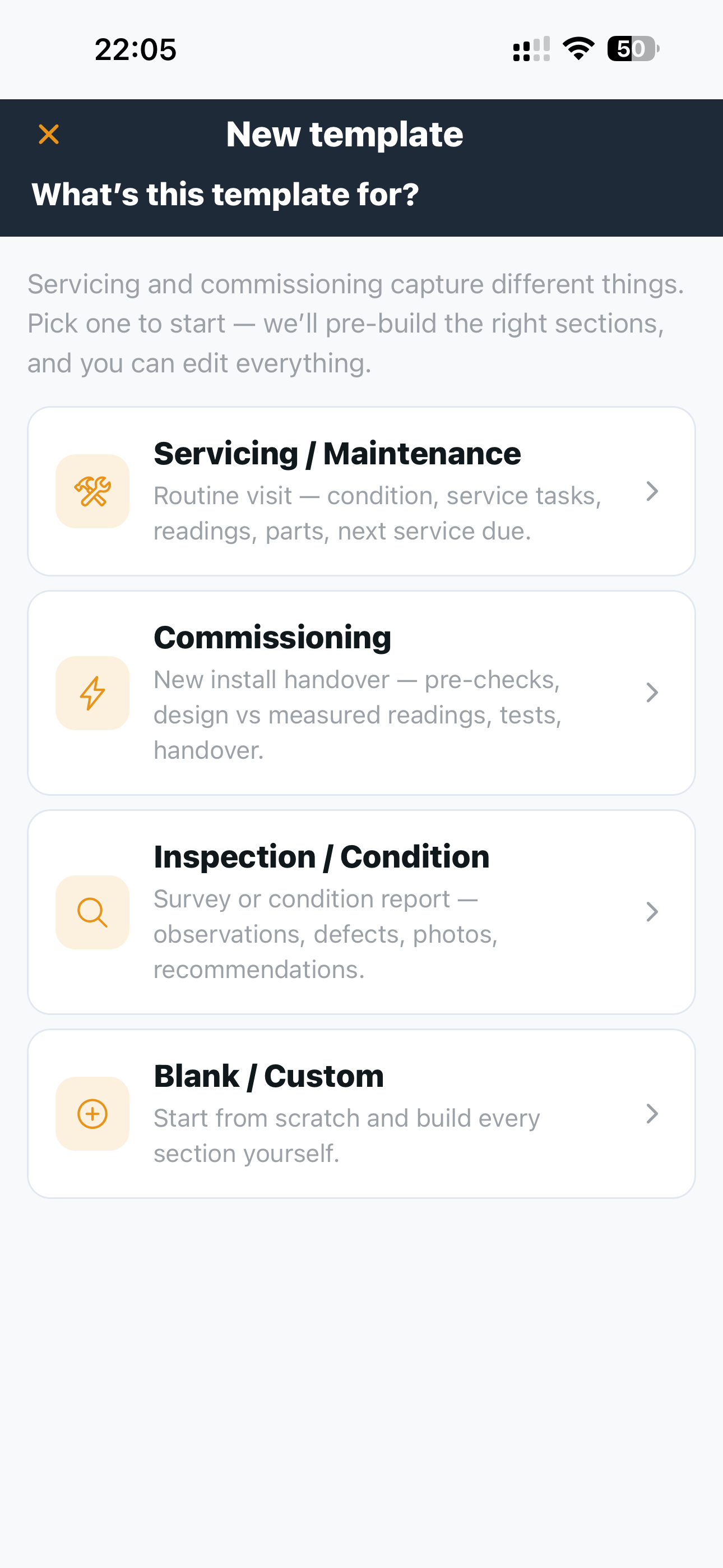 Maintivo templates library, showing the ready-made service and commissioning forms