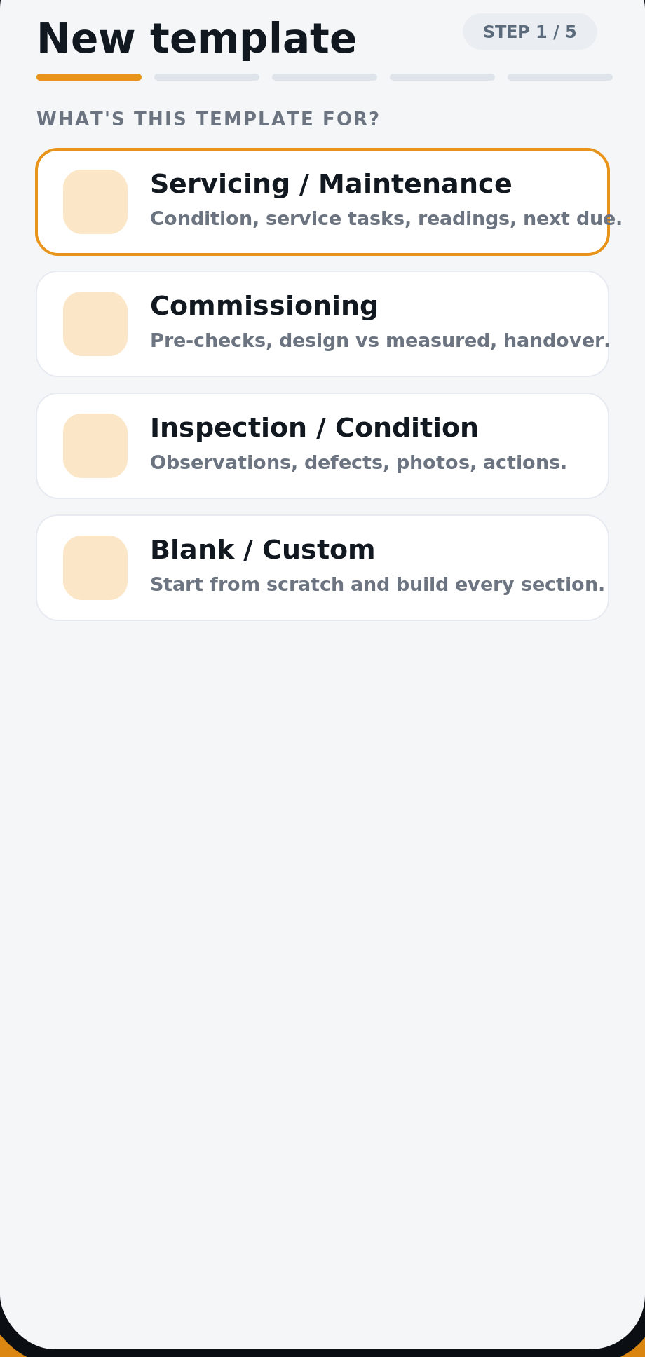 Maintivo new template wizard, Step 1 of 5, what's this template for: servicing, commissioning, inspection or blank/custom